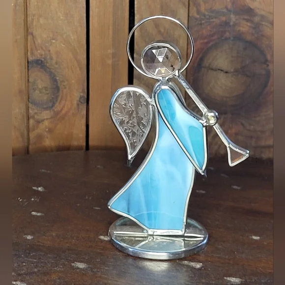 Blue and Silver Stained Glass Angel Figurine - Picture 1 of 10